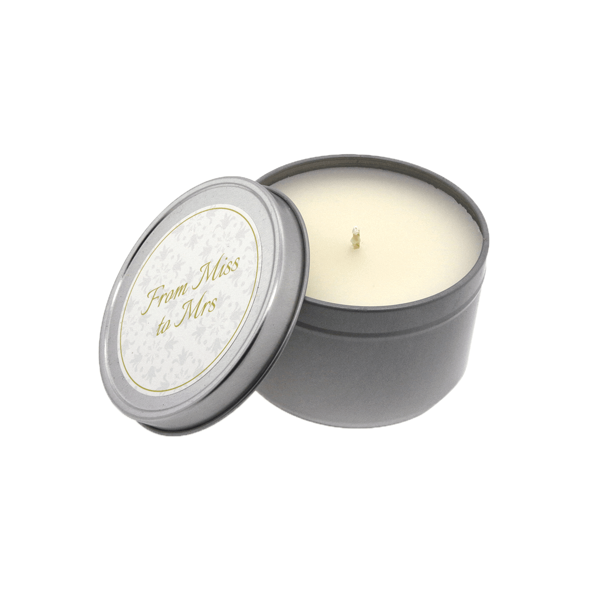 Medium Silver Tin Candle “From Miss To Mrs.” (Wedding Candles)