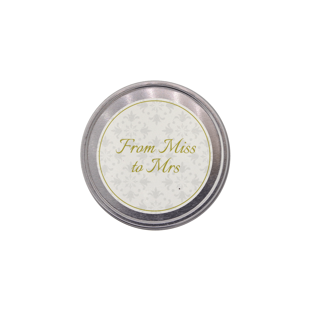 Medium Silver Tin Candle “From Miss To Mrs.” (Wedding Candles)