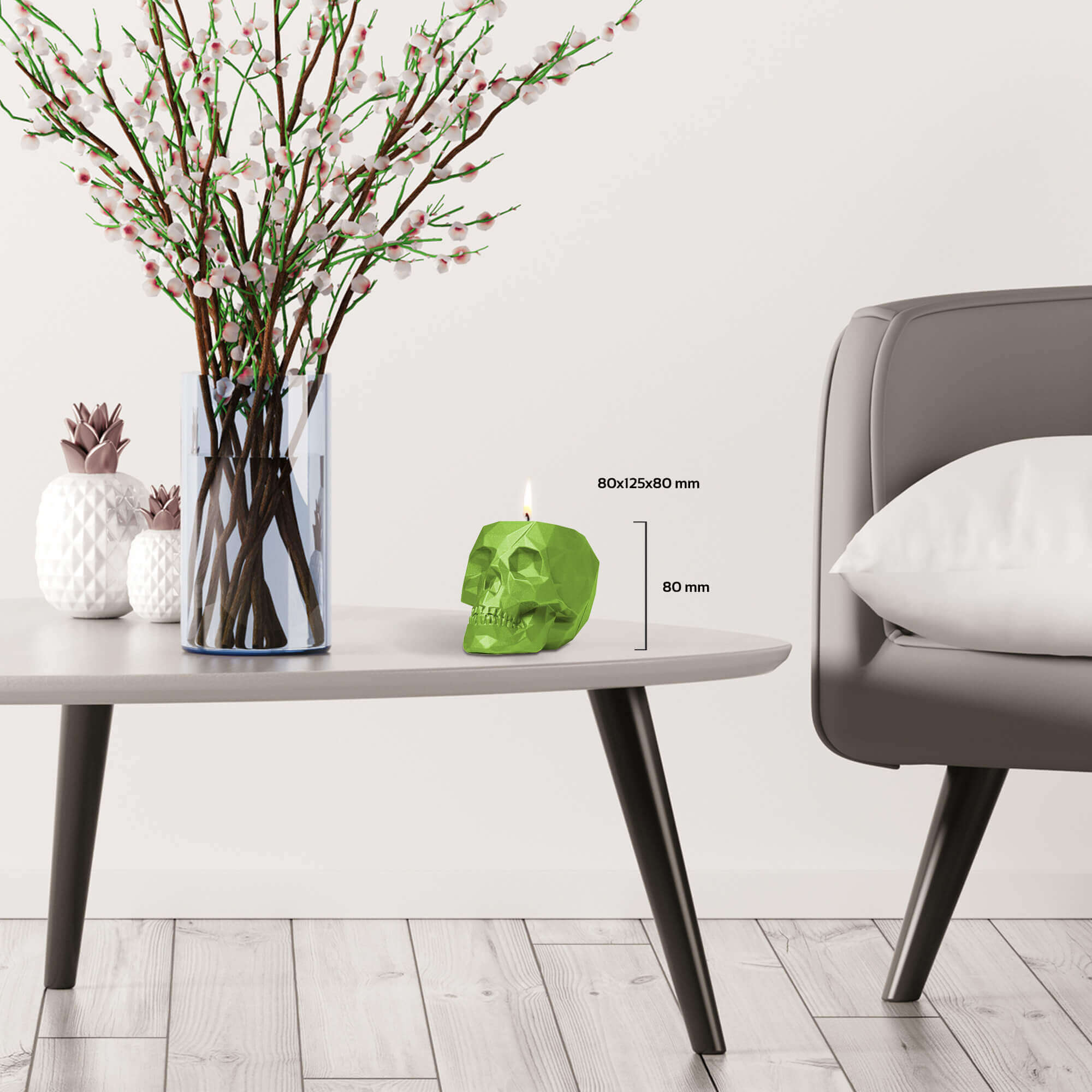 Candle Concrete Skull Dark Green Lemongrass