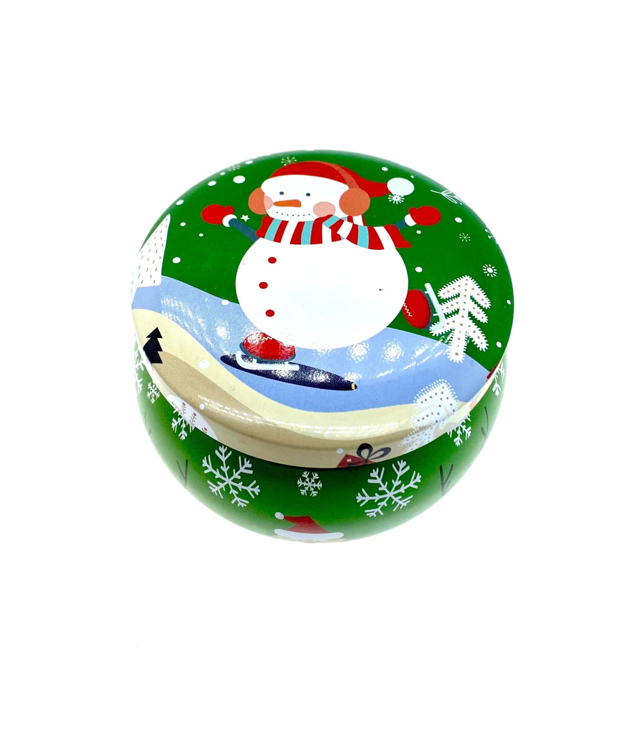 Green Snowman Holiday Tin Candle - Balsam Scent