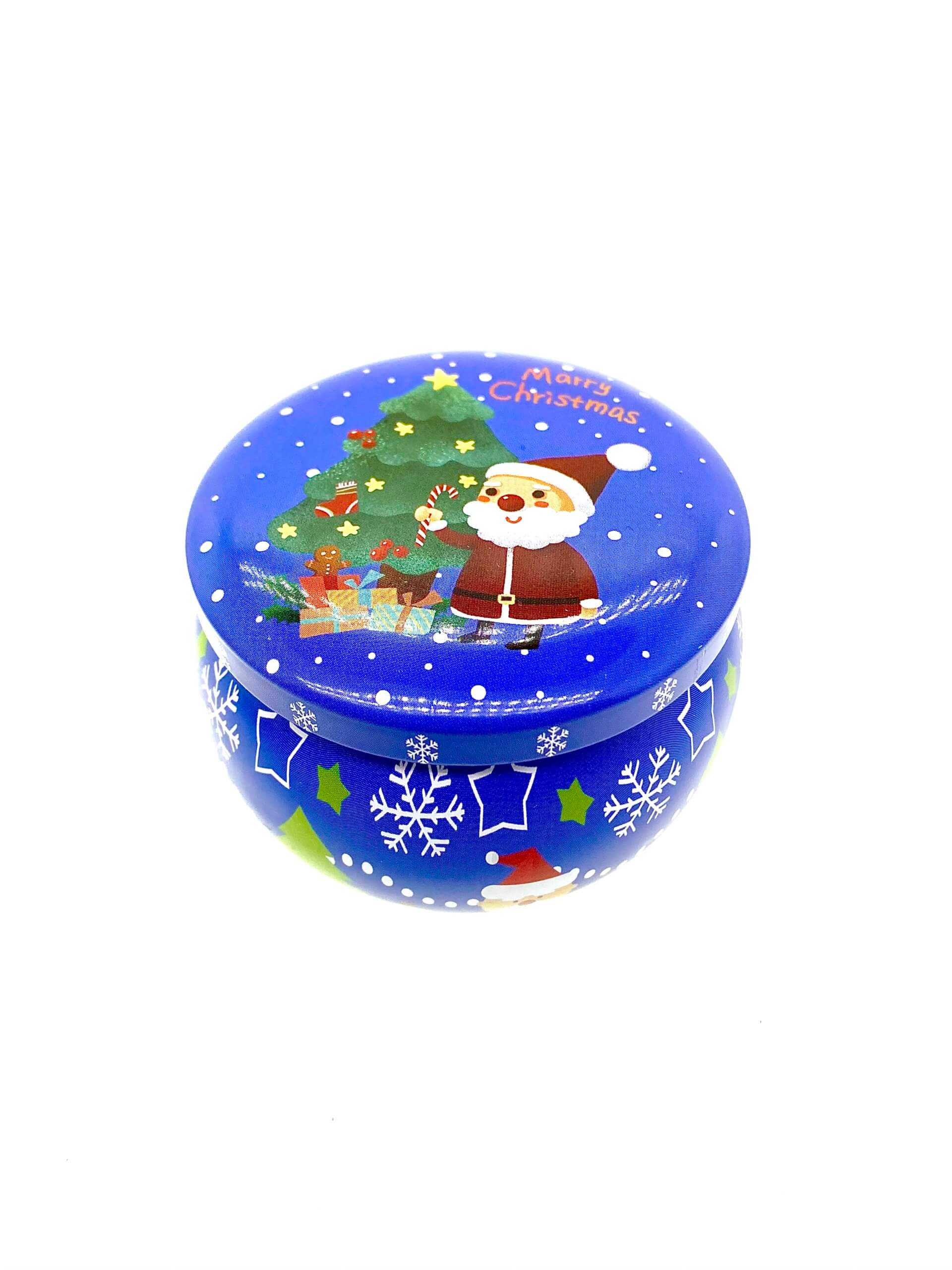 Dark Blue Santa Holiday Tin Candle - Christmas Garland Scent